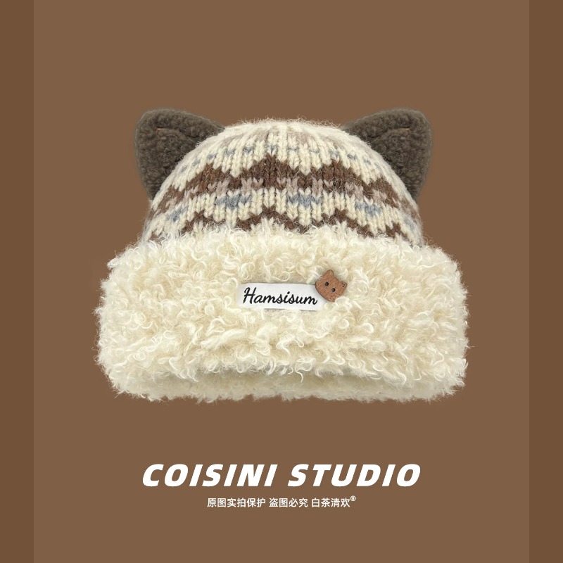 Beanie Cuffed Knit - หมวกบีนนี่สำหรับผู้หญิง ลายแมวสุดน่ารัก ลายแฟร์ไอล์ แจ็คการ์ด หมวกกันหนาว ผ้าฟลีซนุ่มฟู
